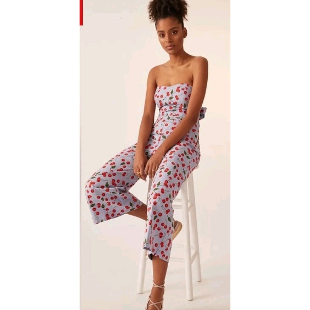 Anthropologie Maeve Cherry  Piece Set SZ8 Blue Red Tube Top Wide Leg Retail $190